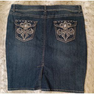 Karen T Design Size XL Dark Wash Embellished Pockets Stretch Denim Pencil Skirt